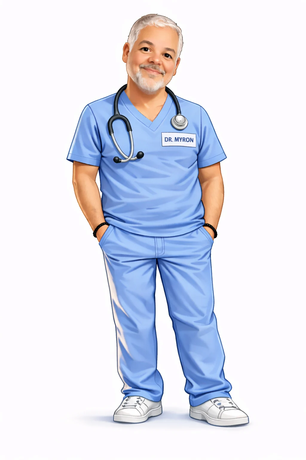 Friendly Dr. Myron in scrubs