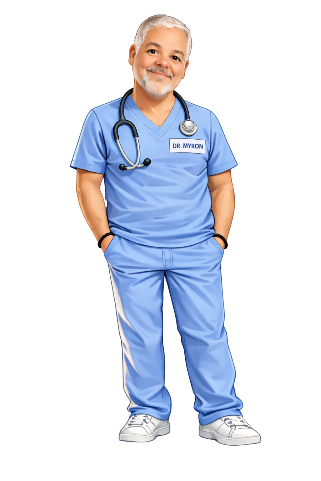 Friendly Dr. Myron in scrubs Photoroom